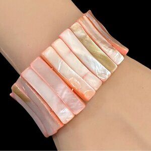 Handmade Stretch Mother Of Pearl Bracelet In Pink & Beige Tones With Rectangular